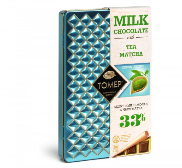 №1 Фабрика Томер металлический бокс Молочный шоколад с чаем МАТЧА ,33%  90г в Норильске