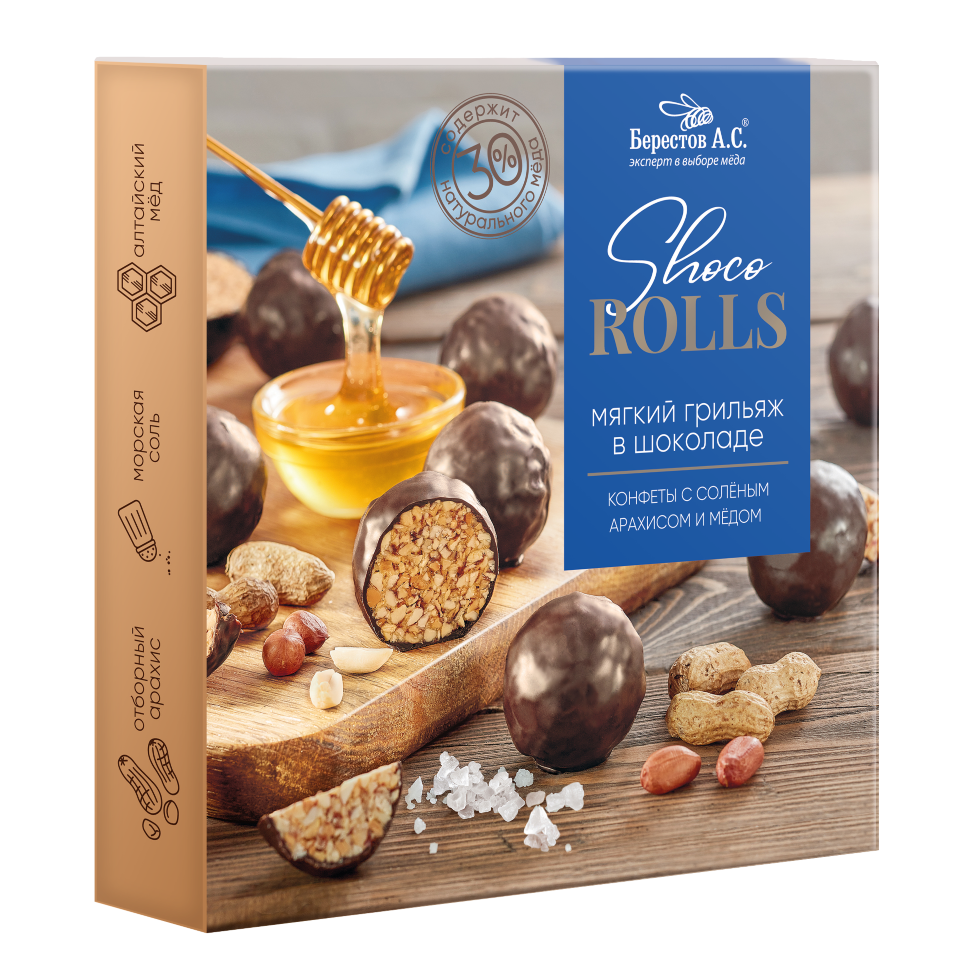  Берестов Shoco Rolls конфеты с арахисом, солью и медом, 135г   в Норильске