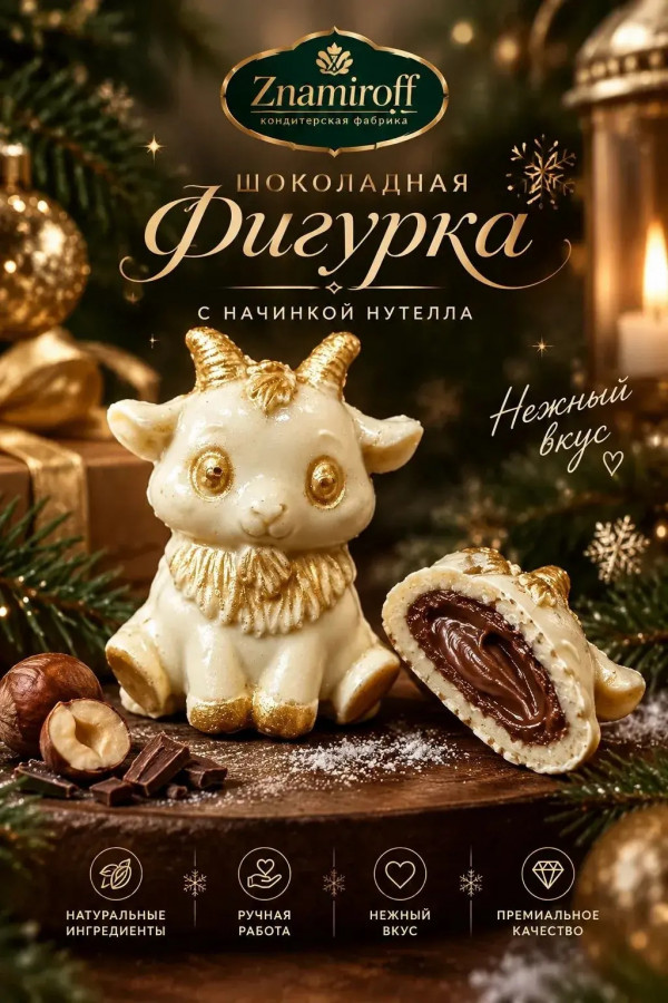 №1 Шоколад фигурный "Мультяшный козлик" белый шоколад с начинкой нутелла(блок 5шт по 70г) в Норильске